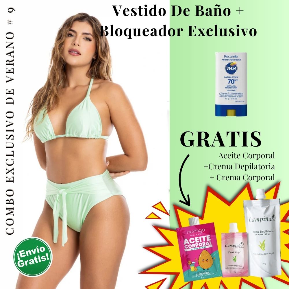 Combo Exclusivo de Verano - Vestido de baño IRGUS BIKINI REF 040, Aceite corporal 50ml, crema facial mujer 15g y crema depilatoria corporal 120g Lampina y Bloqueador SPF 70 Barra Facial 13g (5 pack)