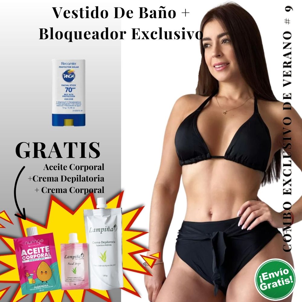 Combo Exclusivo de Verano - Vestido de baño IRGUS BIKINI REF 040, Aceite corporal 50ml, crema facial mujer 15g y crema depilatoria corporal 120g Lampina y Bloqueador SPF 70 Barra Facial 13g (5 pack)