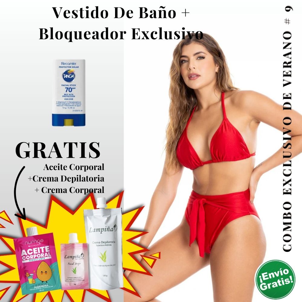 Combo Exclusivo de Verano - Vestido de baño IRGUS BIKINI REF 040, Aceite corporal 50ml, crema facial mujer 15g y crema depilatoria corporal 120g Lampina y Bloqueador SPF 70 Barra Facial 13g (5 pack)