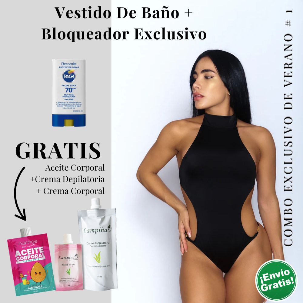 Combo Exclusivo de Verano - Vestido de baño Peach Enola, Aceite corporal 50ml, crema facial mujer 15g y crema depilatoria corporal 120g Lampina y Bloqueador SPF 70 Barra Facial 13g (5 pack)