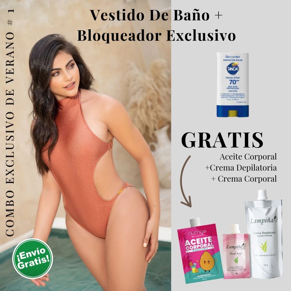 Combo Exclusivo de Verano - Vestido de baño Peach Enola, Aceite corporal 50ml, crema facial mujer 15g y crema depilatoria corporal 120g Lampina y Bloqueador SPF 70 Barra Facial 13g (5 pack)