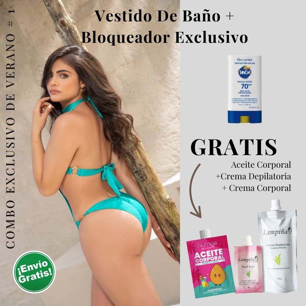 Combo Exclusivo de Verano - Vestido de baño Peach Enola, Aceite corporal 50ml, crema facial mujer 15g y crema depilatoria corporal 120g Lampina y Bloqueador SPF 70 Barra Facial 13g (5 pack)