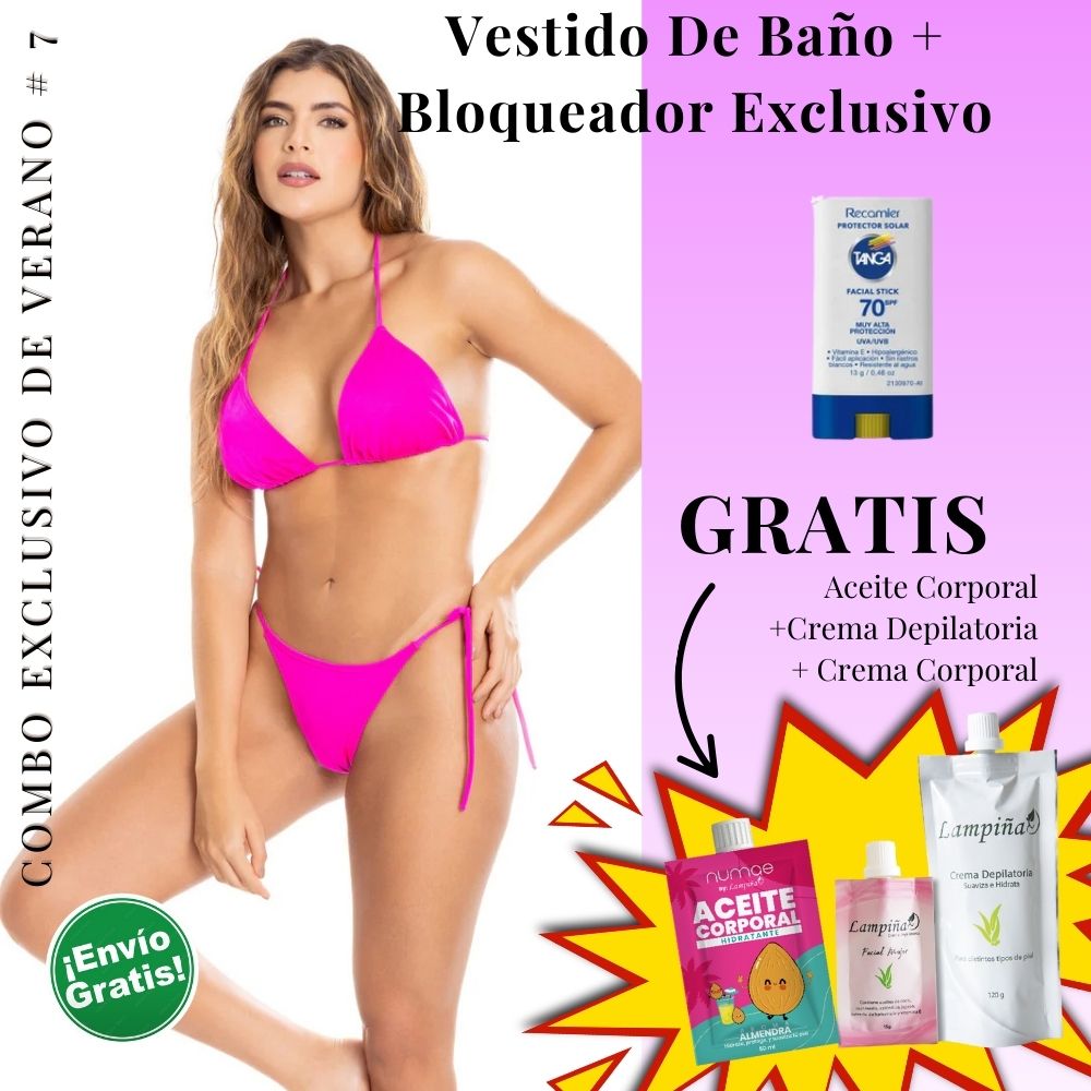 Combo Exclusivo de Verano - Vestido de baño IRGUS BIKINI REF 1043, Aceite corporal 50ml, crema facial mujer 15g y crema depilatoria corporal 120g Lampina y Bloqueador SPF 70 Barra Facial 13g (5 pack)