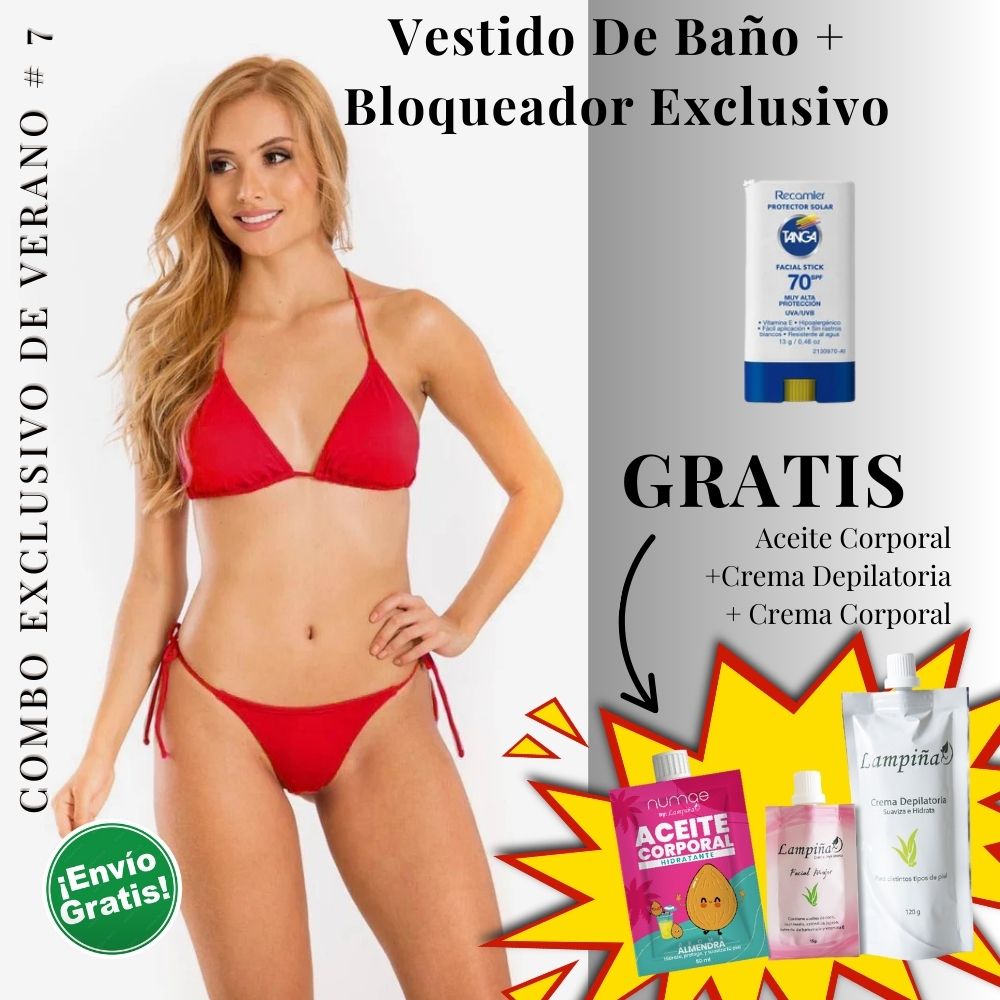 Combo Exclusivo de Verano - Vestido de baño IRGUS BIKINI REF 1043, Aceite corporal 50ml, crema facial mujer 15g y crema depilatoria corporal 120g Lampina y Bloqueador SPF 70 Barra Facial 13g (5 pack)