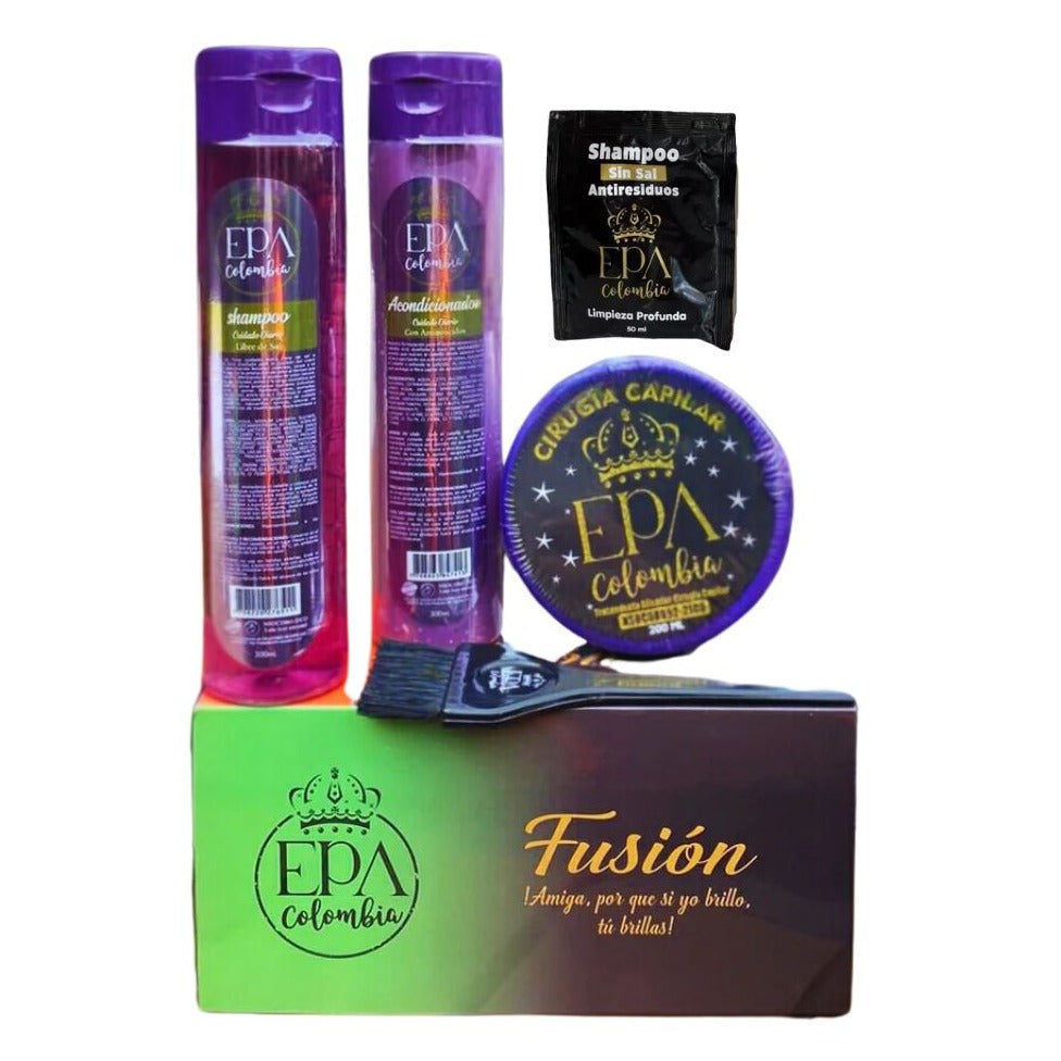 Epa colombia Combo fusion hair surgery / 1 Anti-Waste sachet + 1 shampoo x 300ml + 1 conditioner x 300ml + 1 portion x 200 ml of Straightening Treatment (Surgery) + 1 application brush. 