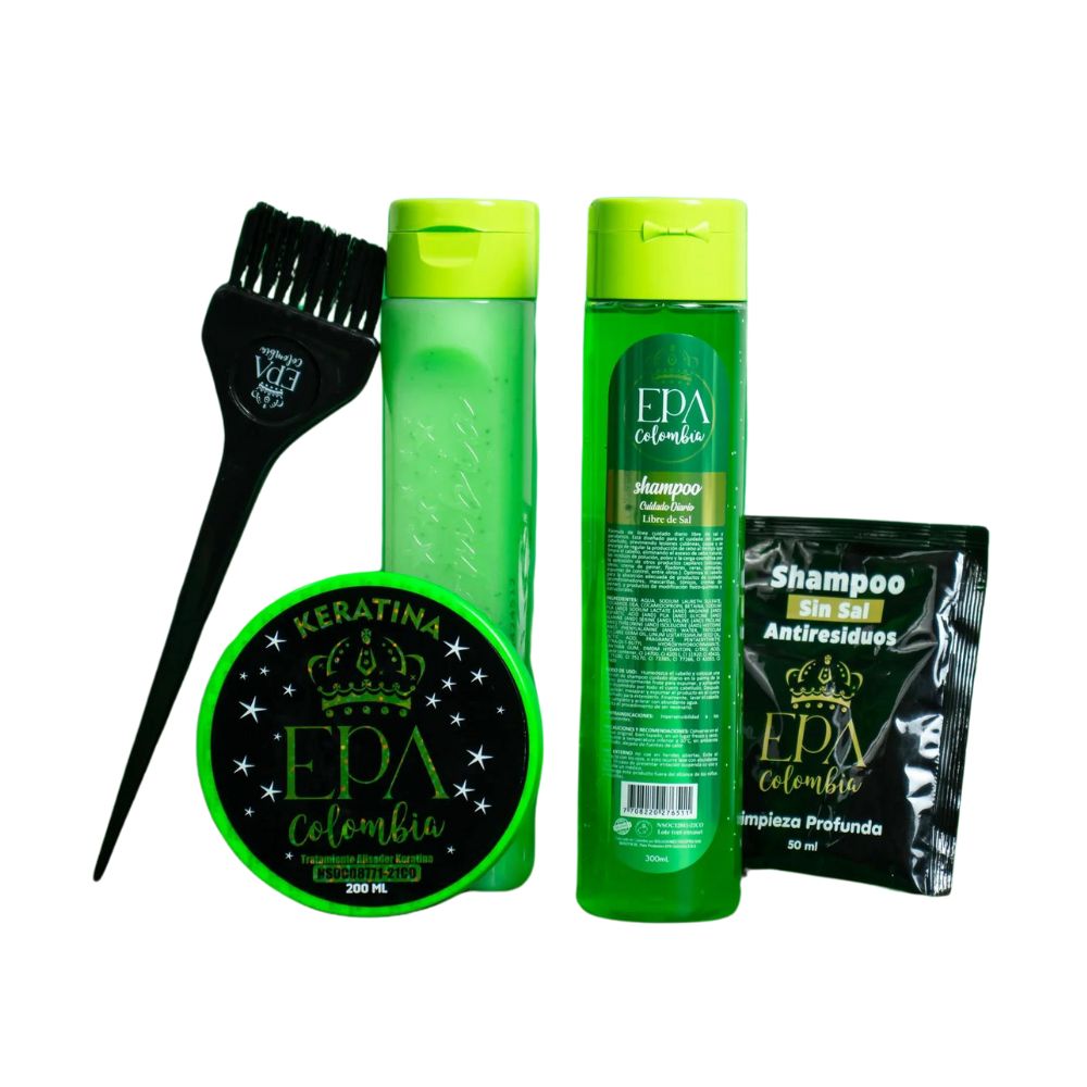Epa colombia combo fusion keratin / 1 Anti-Residue sachet + 1 shampoo x 300ml + 1 conditioner x 300ml + 1 portion x 200 ml of straightening treatment (Keratin) + 1 application brush.