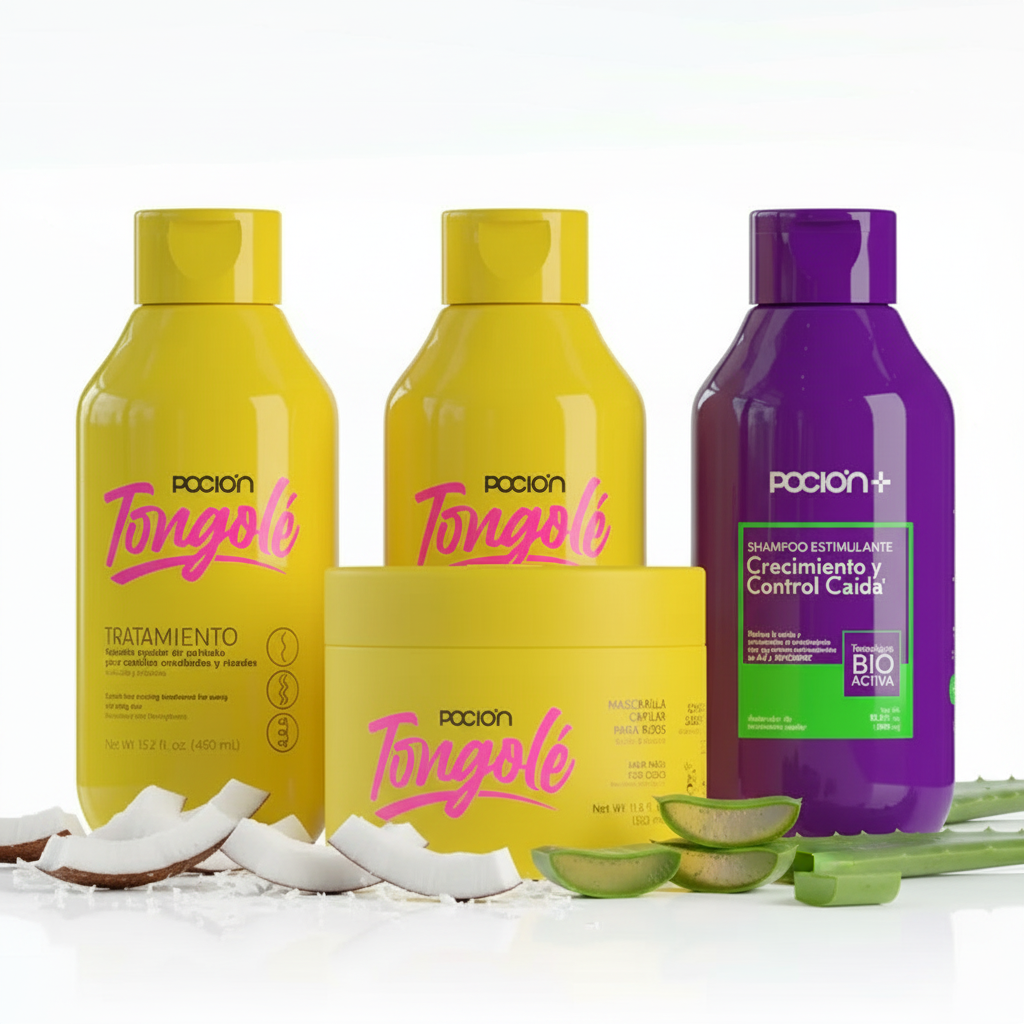 La Pocion Kit Rizos largos e hidratados - Shampoo Crecimiento (Morado), Tratamiento Tongole, Crema para peinar Tongole, Mascarilla Tongole (4 Pack)