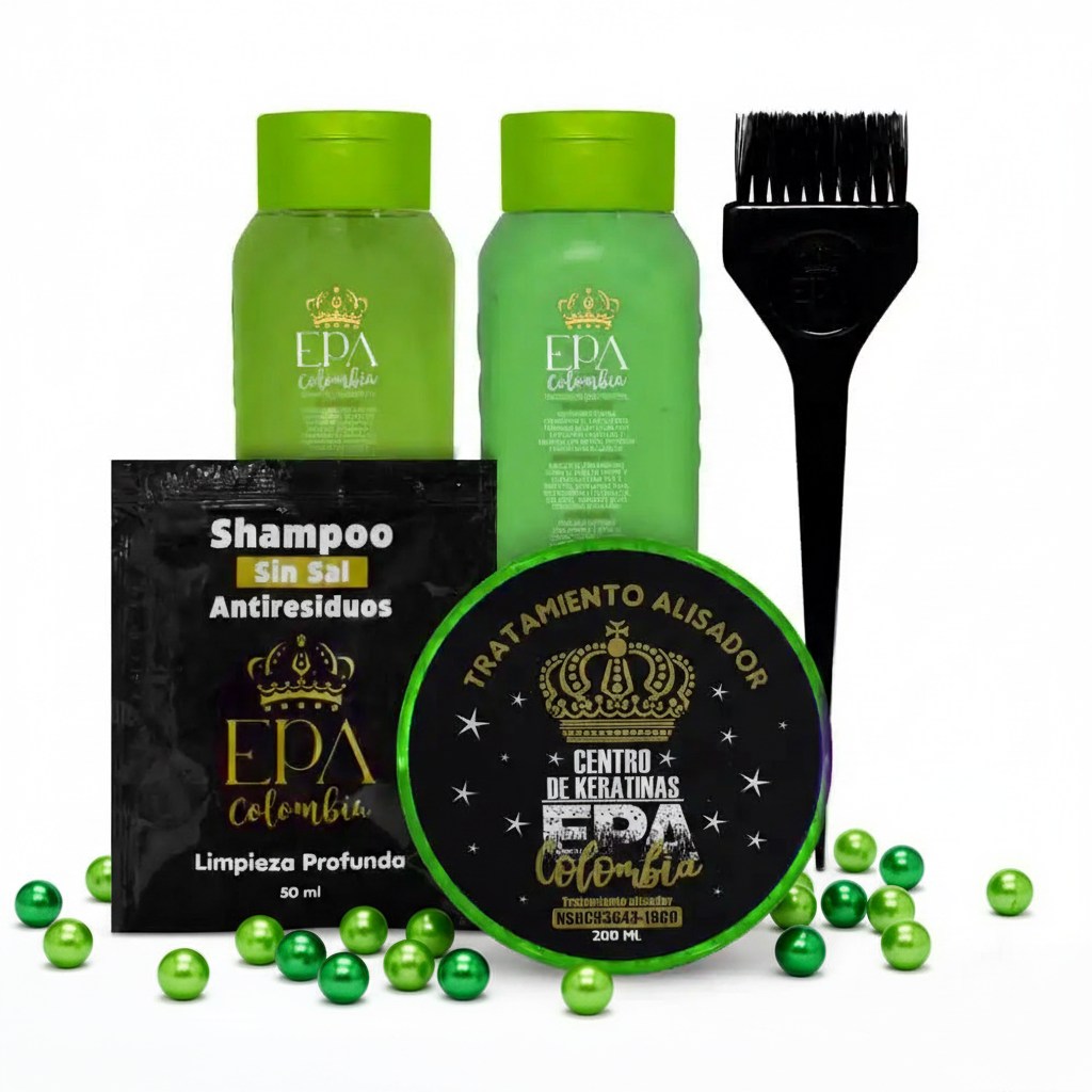 Epa colombia combo fusion keratina / 1 sachet Anti-Residuos + 1 shampoo x 300ml + 1 acondicionador x 300ml + 1 porcion x 200 ml de Tratamiento alisador (Keratina) + 1 brocha de aplicacion.