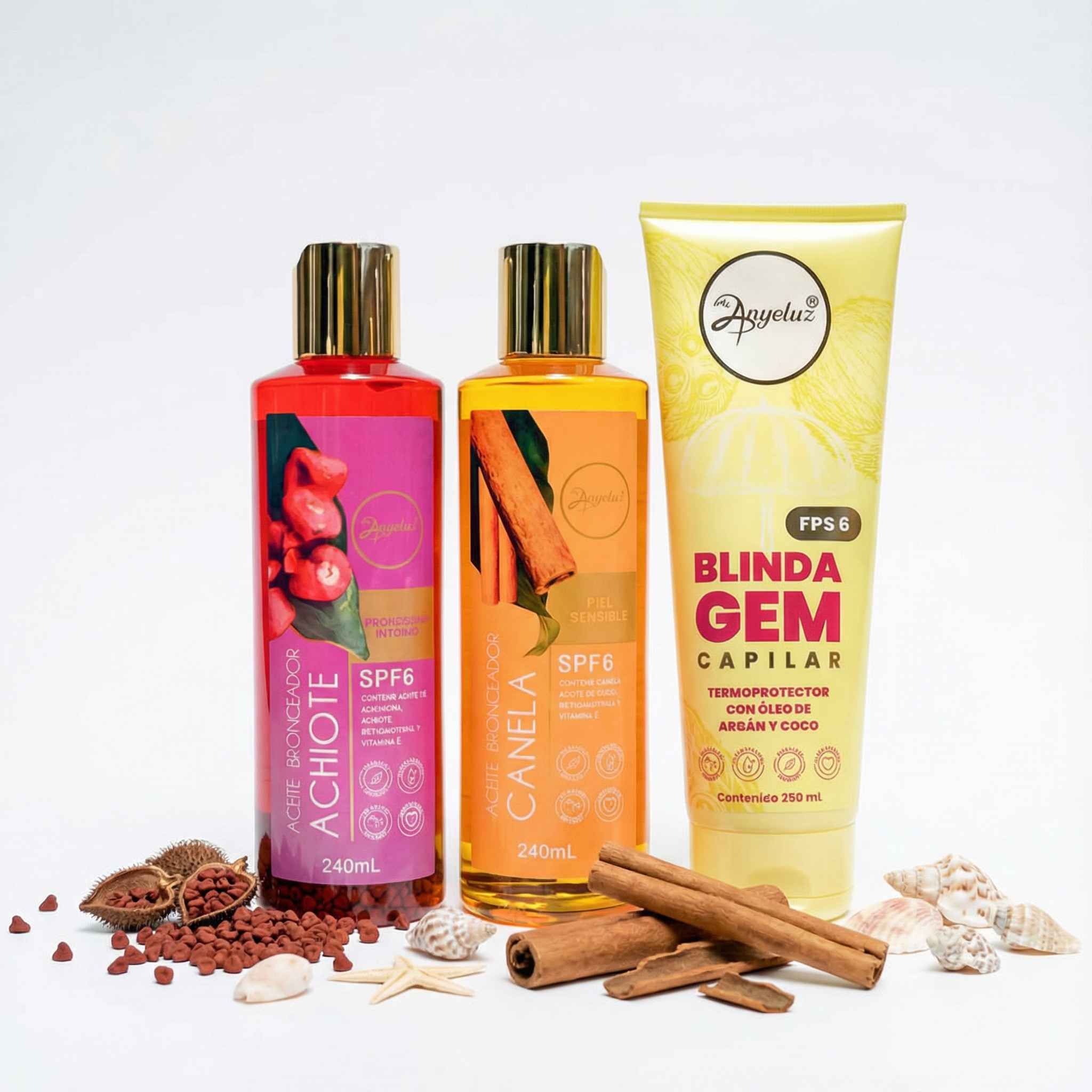 Anyeluz Achiote tanning oil, Anyeluz Cinnamon tanning oil and Anyeluz thermoprotector with argan oil (3 pack)