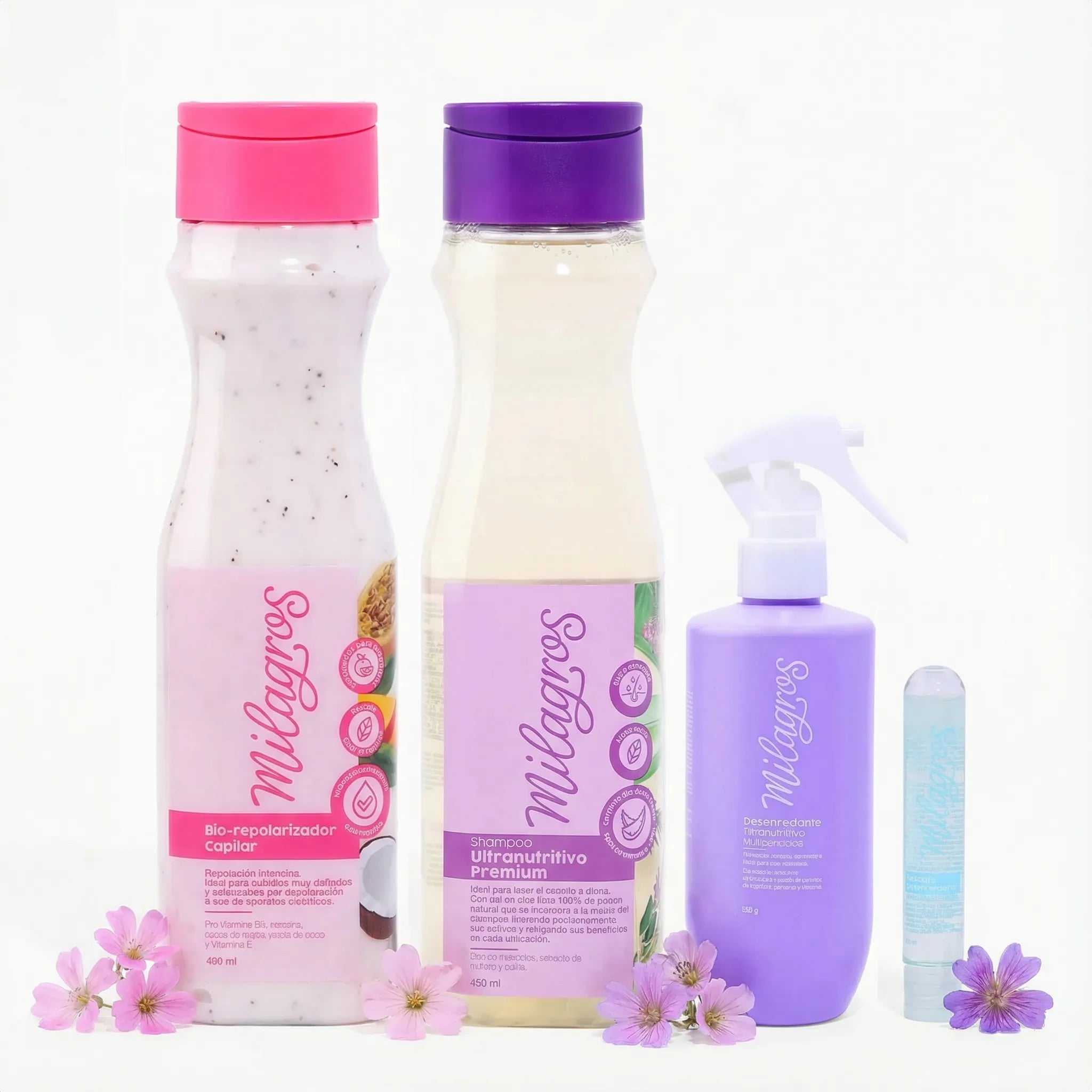 Milagros Biorepolarizador, Shampoo Ultranutritivo, Desenrredante multibeneficios, Ampolla Rescate Instantáneo (Azul)  (4 pack)