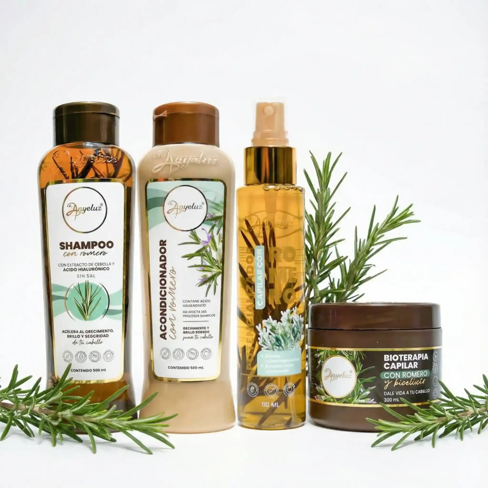 Anyeluz Shampoo de Romero, Anyeluz acondicionador de Romero, Anyeluz Potencializador capilar y Anyeluz Bioterapia capilar (4 pack)