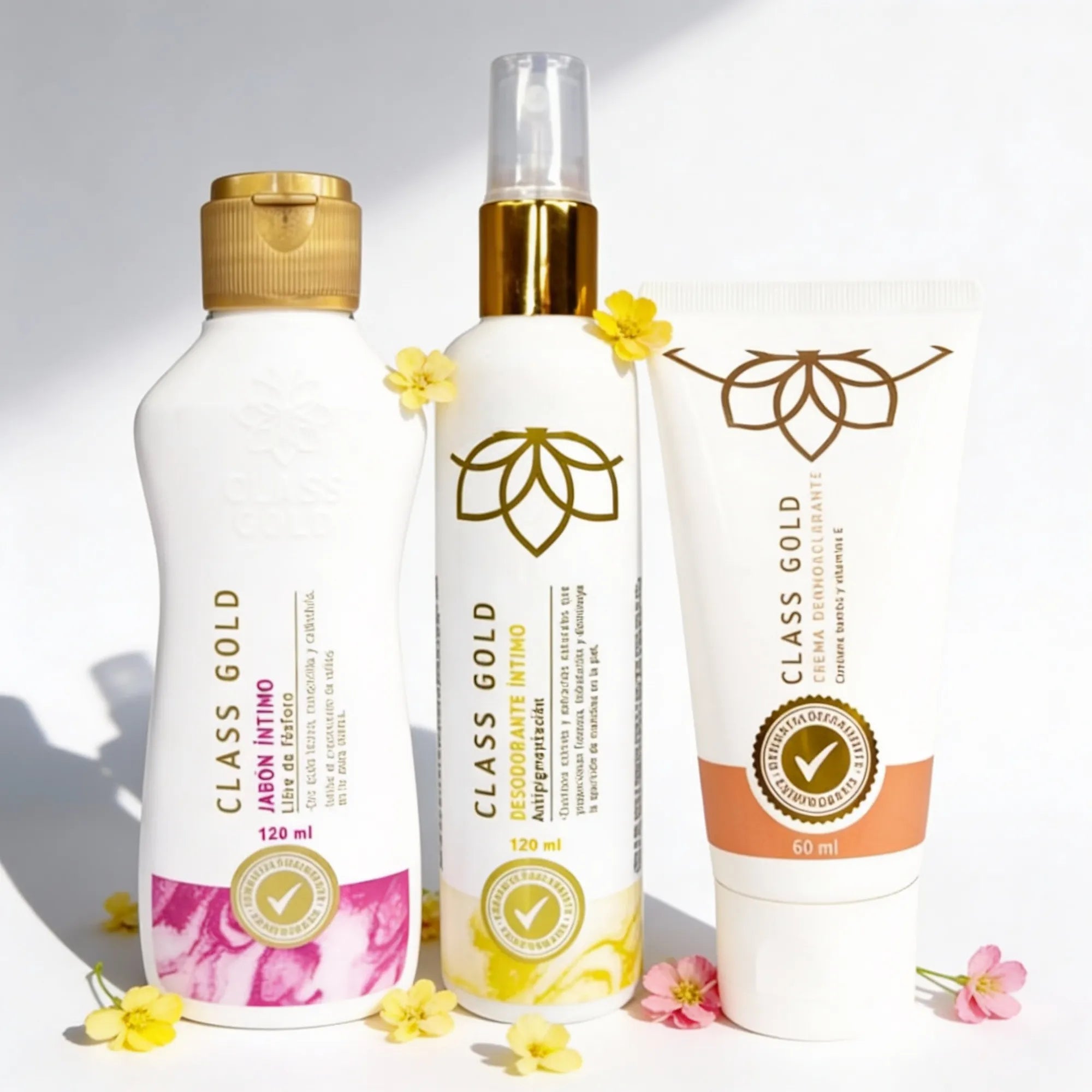Class gold jabon intimo x 120ml, Class gold crema dermoaclarante 60mL, Class gold desodorante intimo amarillo x 120. (3 pack)