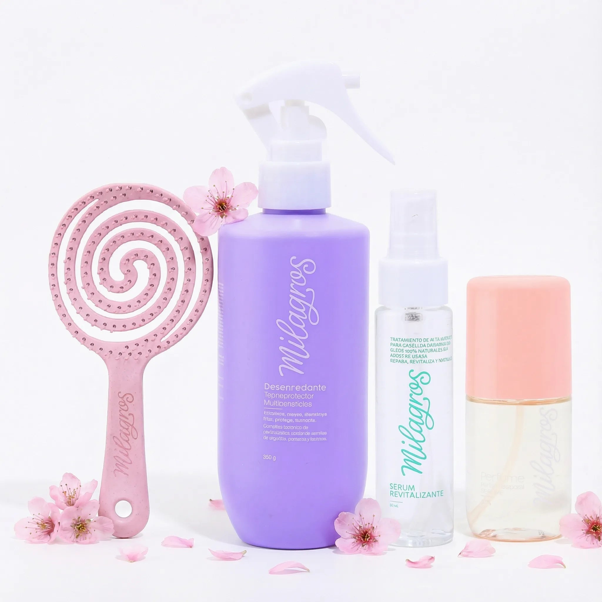 Milagros Detangling Massage Brush, Milagros Detangler Thermoprotector, Milagros Revitalizing Serum and Milagros Sublime Perfume - Milagros Perfect Hair Kit (4 Pack) 