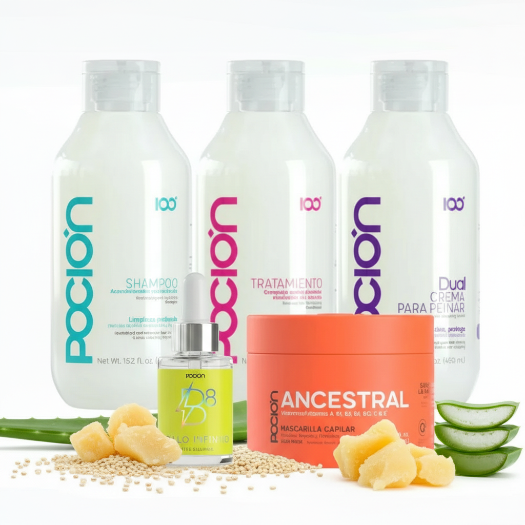 La Pocion Shampoo,  La Pocion Tratamiento, La Pocion Crema para peinar, la Pocion Ancestral y La Pocion oleo b8 (5 pack)