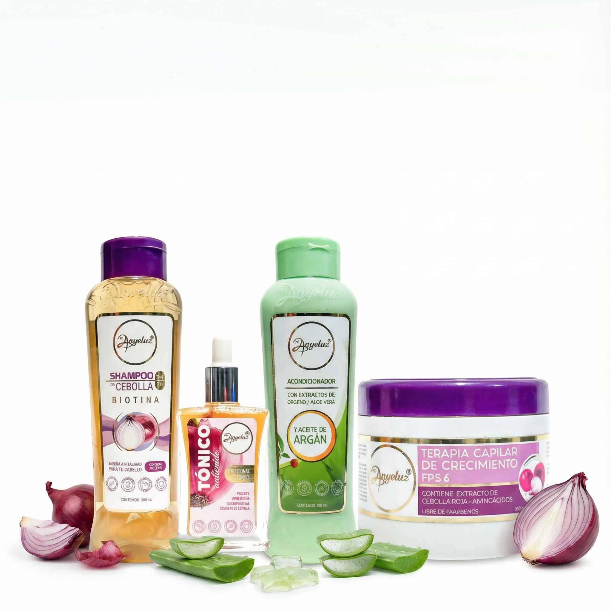 Anyeluz Onion Shampoo, Argan Conditioner, Anyeluz Anti-Hair Loss Tonic and Anyeluz Hair Growth Therapy (4 pack)