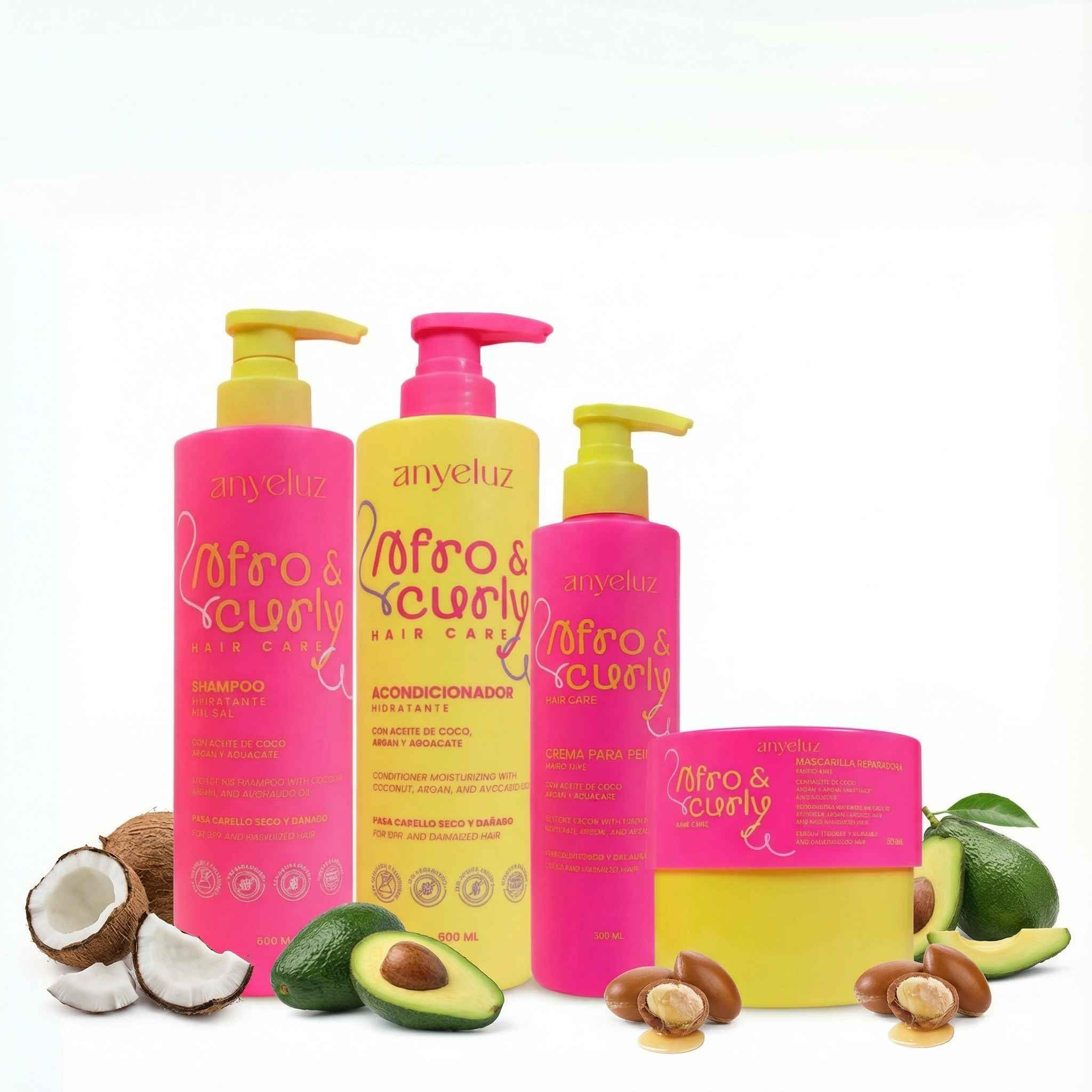 ANYELUZ KIT AFRO & CURLY - Shampoo, Acondicionador, Crema para peinar y Mascarilla capilar (4 pack)