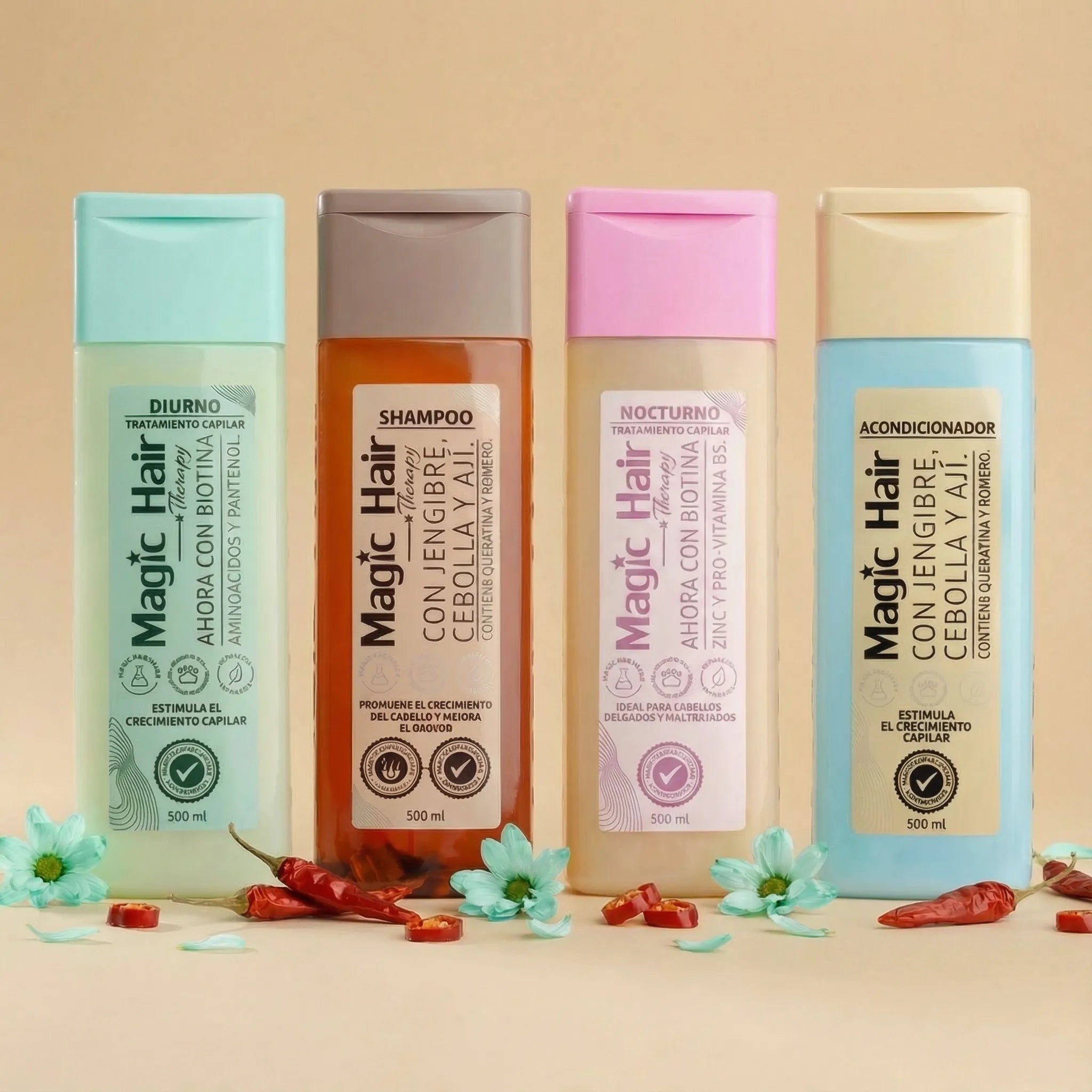 Magic Hair shampooo y acondicionador jengibre, cebolla, aji + tratamiento capilar diurno + tratamiento capilar nocturno  (4 pack)