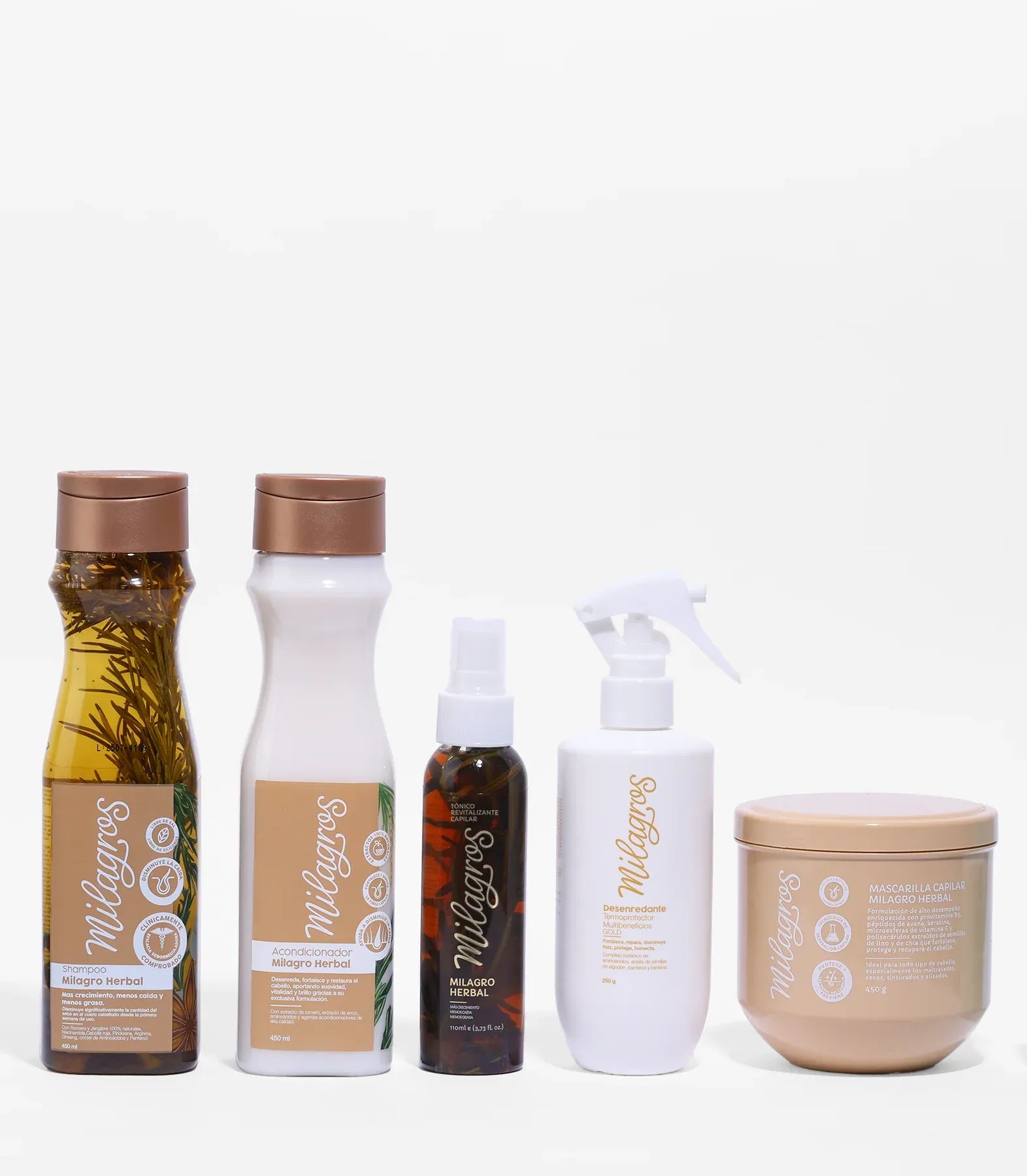 Milagros Combo Herbal Shampoo Herbal Acondicionador herbal Tonico Herbal Desenredante Termoprotector herbal y Mascarilla capilar Herbal (5 Pack)