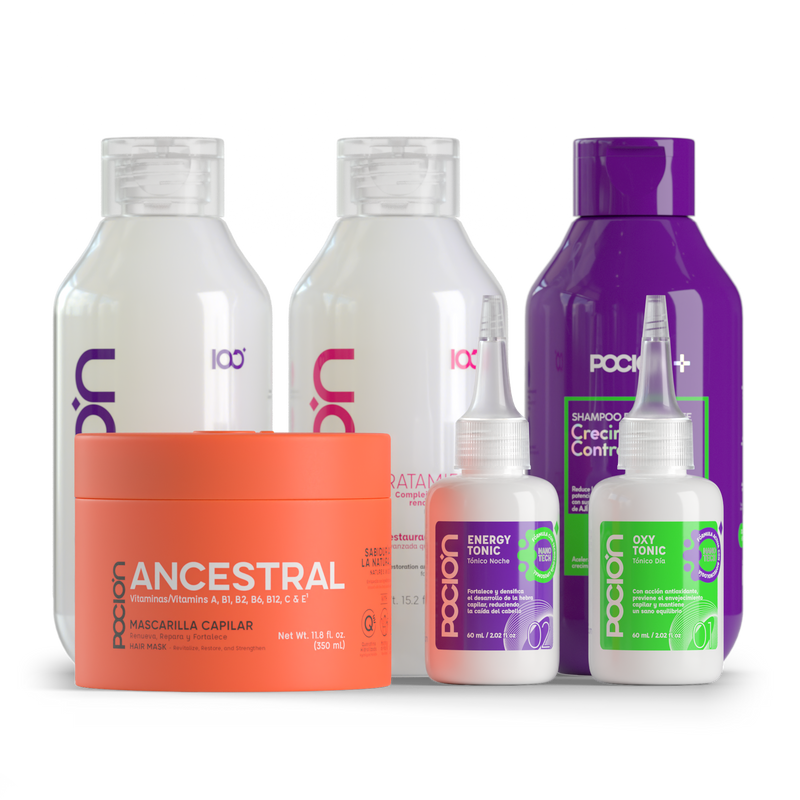 La Pocion Kit Crecimiento Activo - Shampoo Crecimiento (Morado), Tratamiento, Crema Dual, Mascarilla Ancestral y Dutonic (5 Pack)