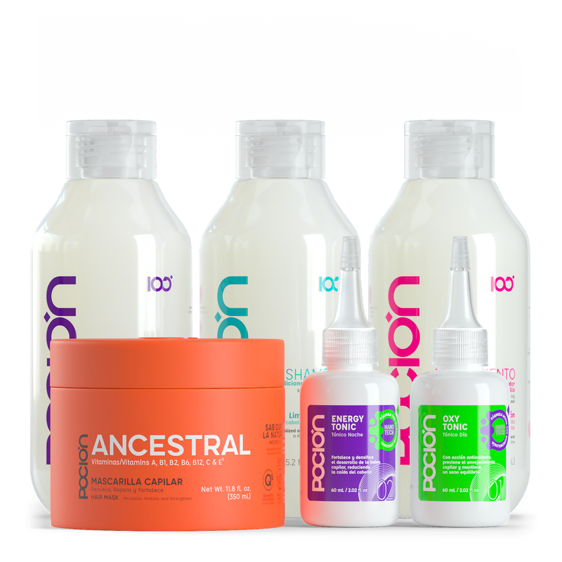 La Pocion Kit Fuerza y Crecimiento - Shampoo Revitalizante (Blanco), Tratamiento, Crema Dual, Mascarilla Ancestral y Dutonic (5 Pack)