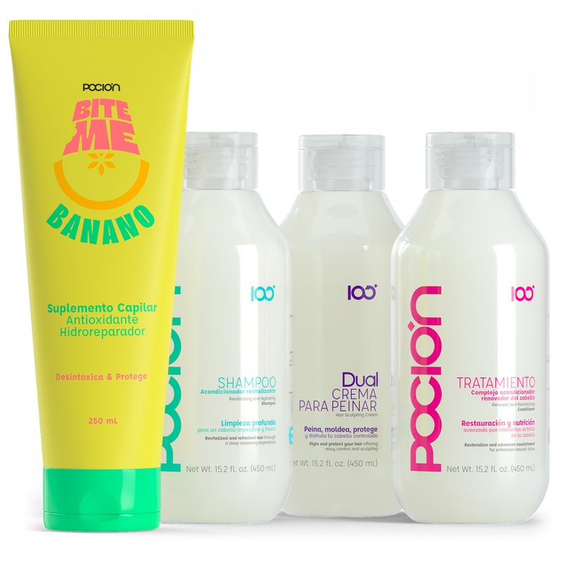 La Pocion Kit Nutricion Intensa - Shampoo, Crema Dual, Tratamiento, Bite Me Banano (4 Pack)