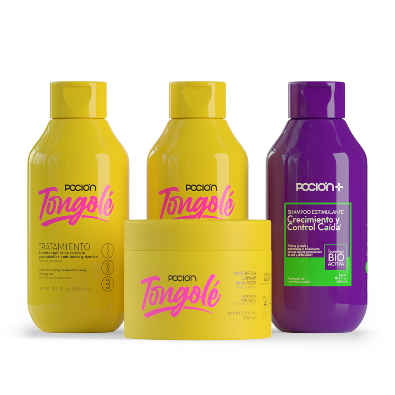 La Pocion Kit Rizos largos e hidratados - Shampoo Crecimiento (Morado), Tratamiento Tongole, Crema para peinar Tongole, Mascarilla Tongole (4 Pack)