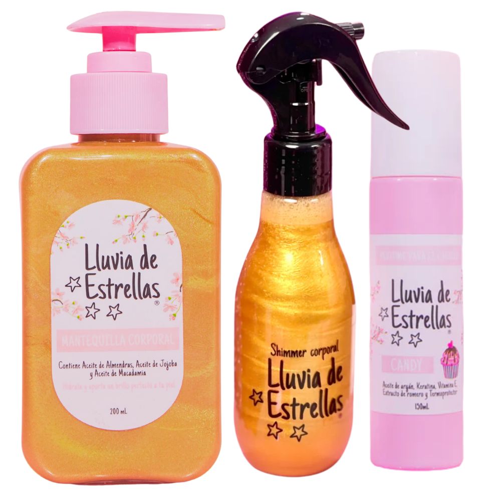 Lluvia de estrellas kit - Mantequilla corporal Lluvia de estrellas 200ml, Iluminador 160ml y Perfume capilar Candy de lluvia de estrellas x 150ml (3 pack)