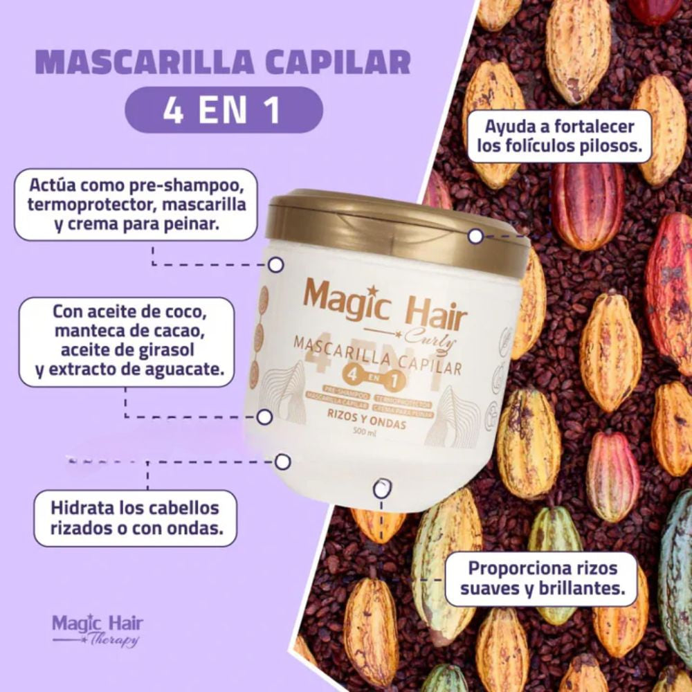 Magic Hair Kit Para Cabellos Rizos y Ondulados - Mascarilla 4 en 1, Shampoo con Canela y Acondicionador con Canela (3 pack)