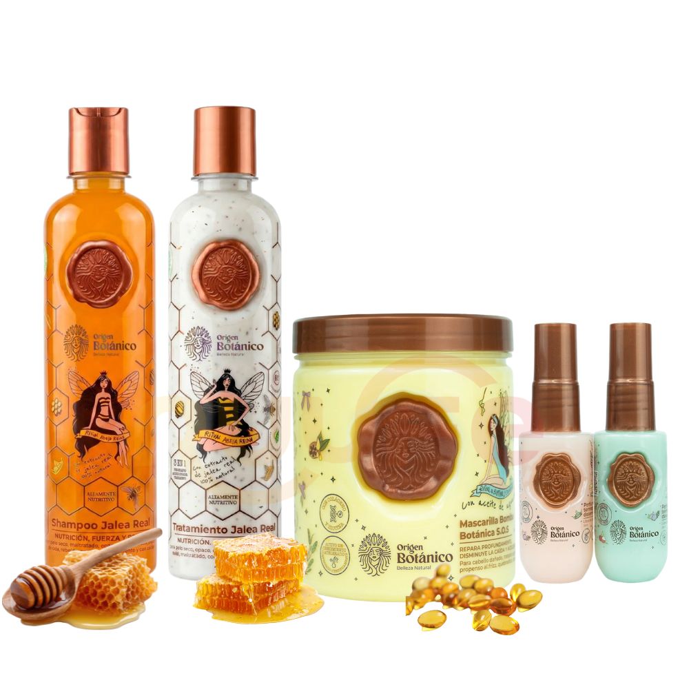 Origen Botanico Royal Jelly Shampoo 400ml, Origen Botanico Royal Jelly Treatment 400ml, Origen Botanico Hair Mask 400ml, and Mini Heat-Protective Detangling Perfume Duo (5-Pack)
