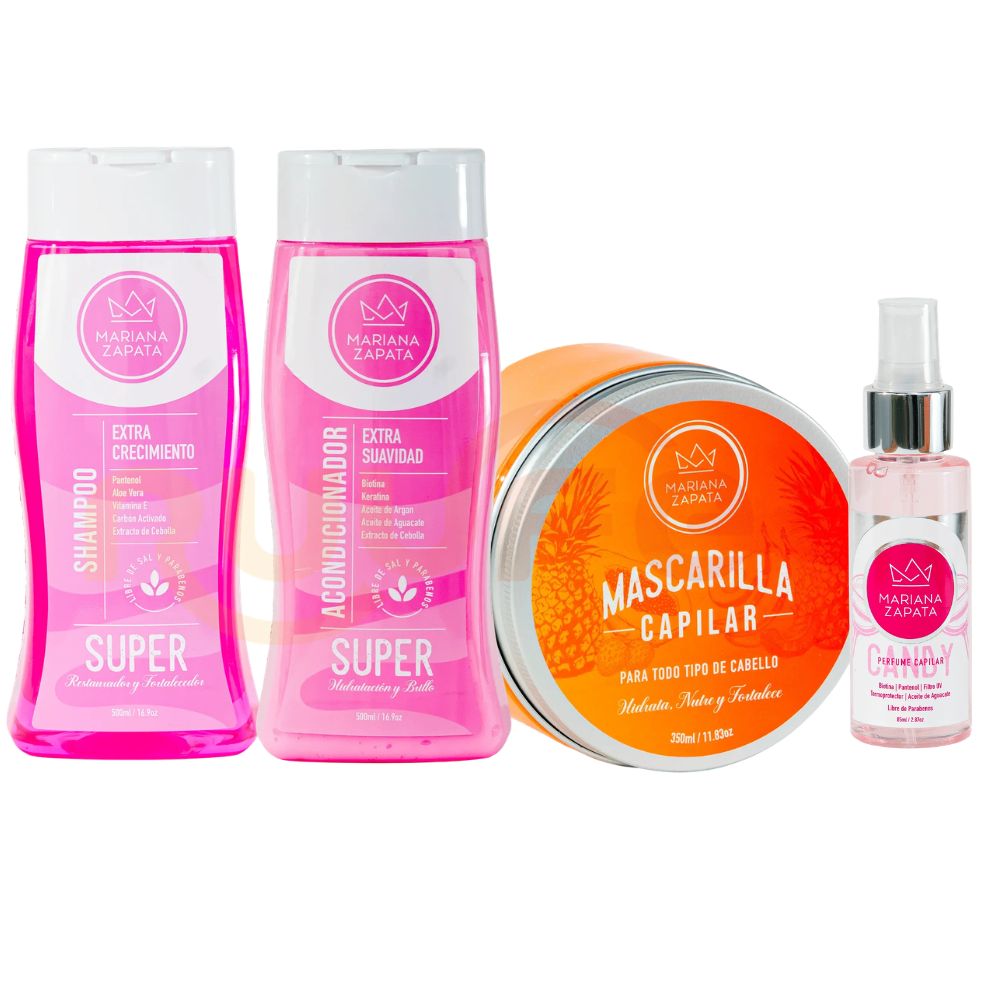 Mariana Zapata Shampoo x 500ml Acondicionador de mariana Zapata x 500ml y Mascarilla Capilar x 350 ml y perfume capilar x 15ml (4 Pack)