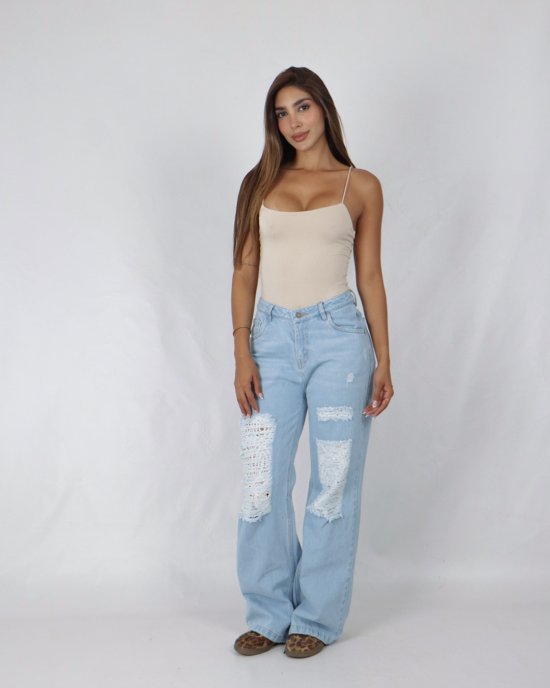 Joy Staz Colombian Jeans Light Blue Butt-Lifting Wide-Leg Pants with White Lace Design REF. 715049