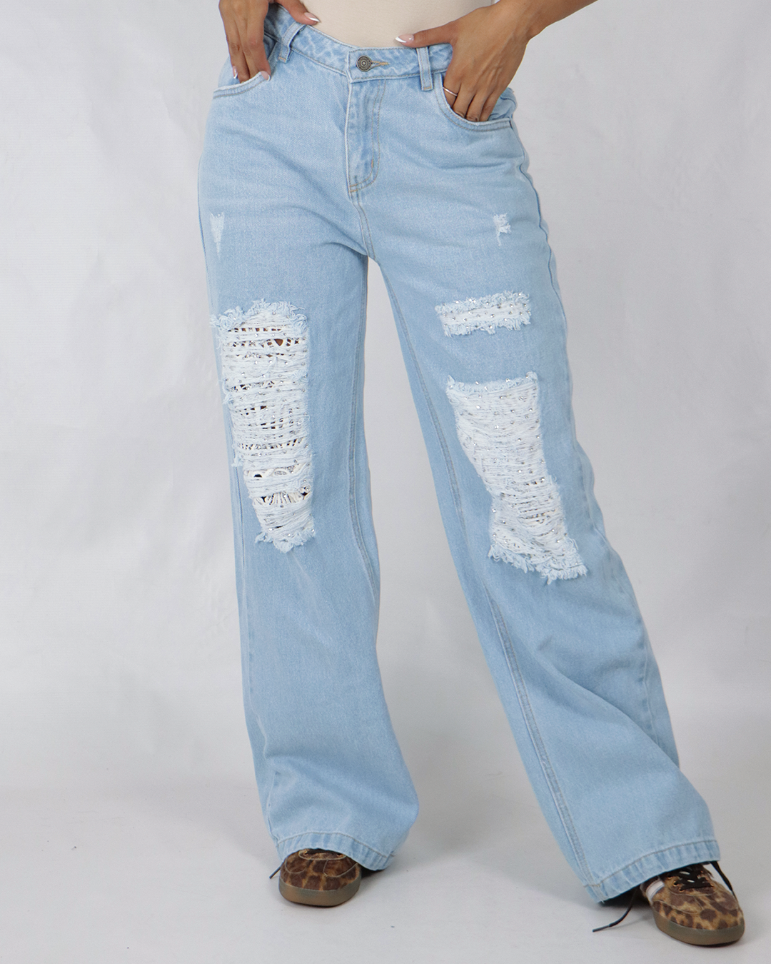 Joy Staz Colombian Jeans Light Blue Butt-Lifting Wide-Leg Pants with White Lace Design REF. 715049