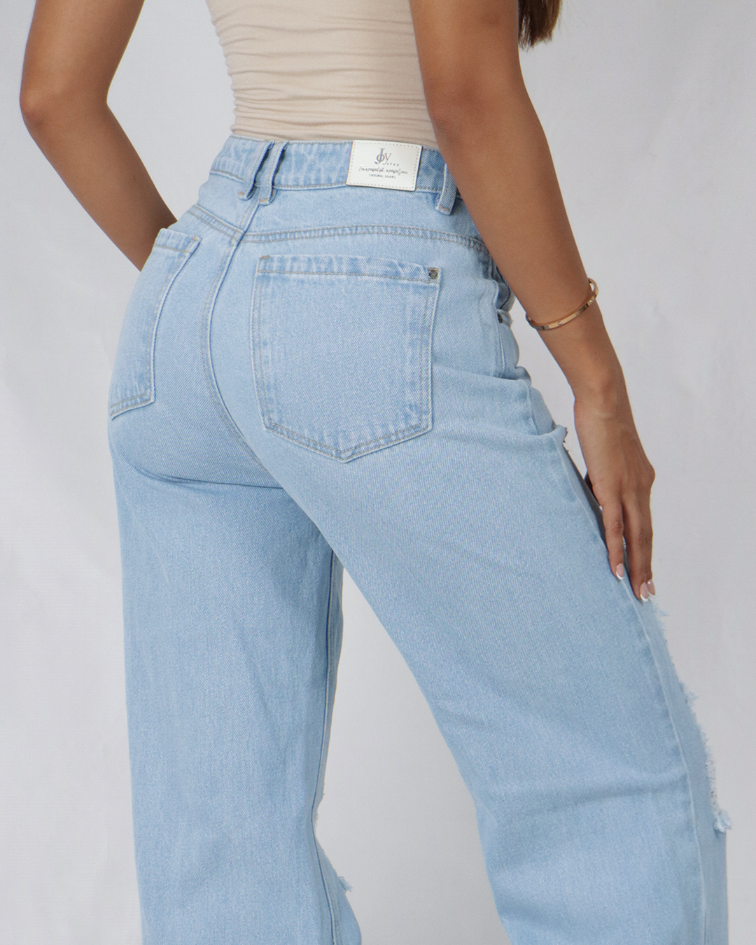 Joy Staz Colombian Jeans Light Blue Butt-Lifting Wide-Leg Pants with White Lace Design REF. 715049