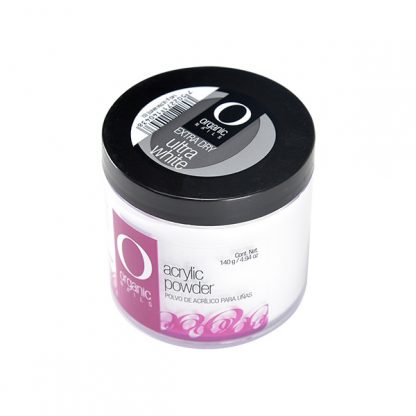 Organic Nails Ultra White Extra Dry Acrylic Powder (quick drying) with a solid elastic white tone and thick consistency.