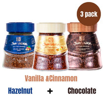 Juan Valdez mix pack of 3 Instant Coffee Freezed Dried Hazelnut Chocolate & Vanilla (95gr each /3.3 Oz each) Café Juan Valdez Soluble Liofilizado de Chocolate, Vainilla y Avellana