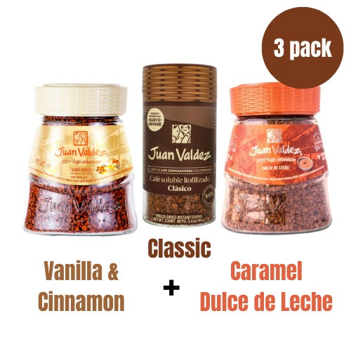 Juan Valdez mix (pck of 3) Soluble Coffee Instant Freezed Dried Classic, Caramel, Vanilla Cinnamon (95gr each /3.3 Oz each) Juan Valdez Soluble Liofilizado de Clasico, Vainilla Canela, Dulce de leche