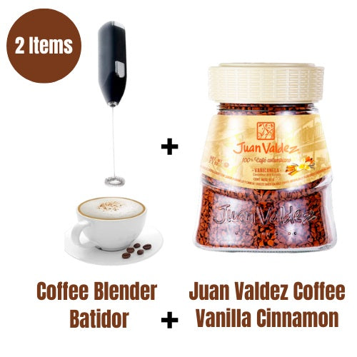 Juan Valdez Instant Vanilla Cinnamon Coffee and a Coffee Blender Kit Instant Freezed Dried (95gr/3.3 Oz) Cafe Juan Valdez Soluble Liofilizado de Vainilla y Canela